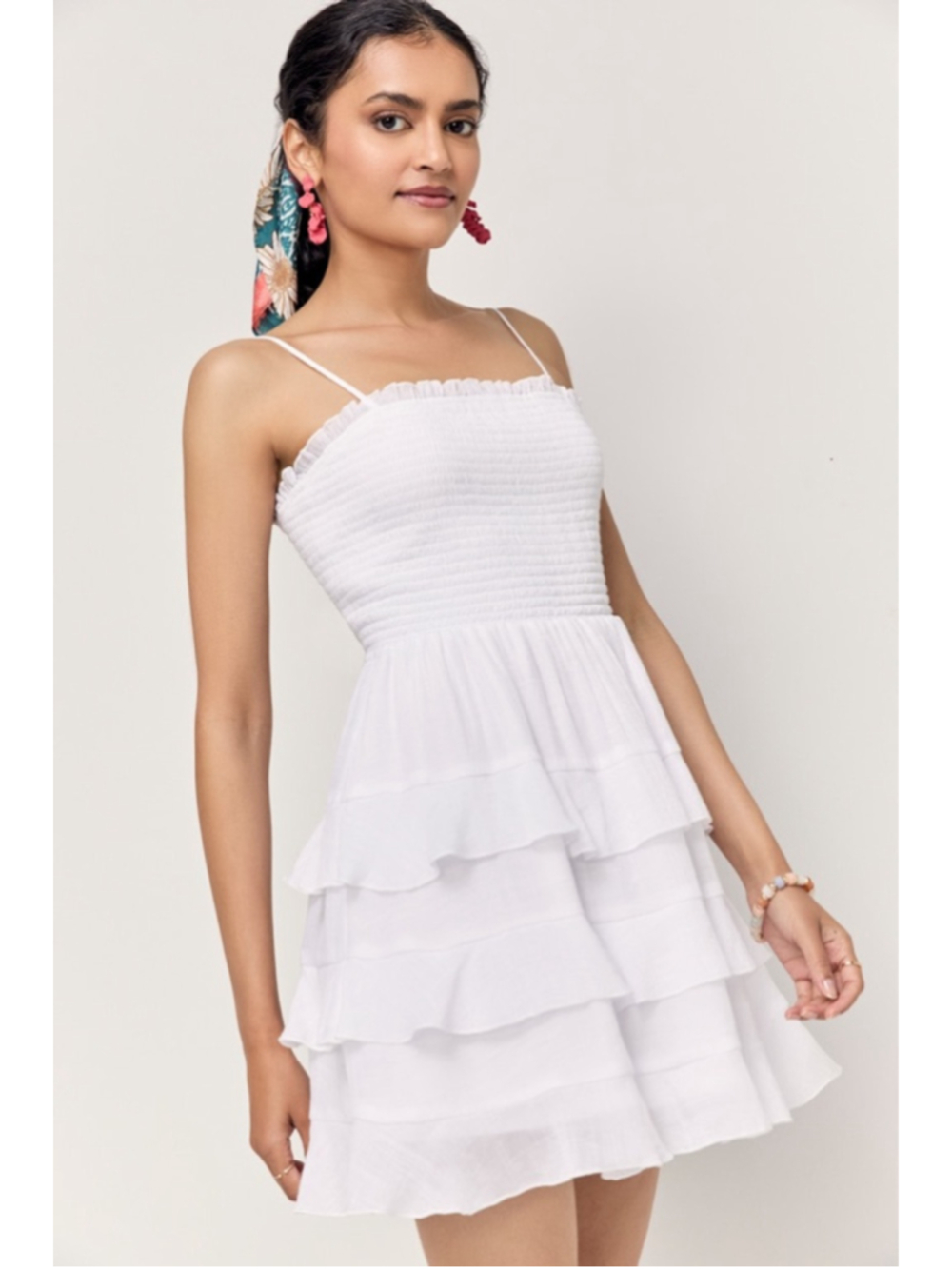 NWT Francesca’s White Smocked Mini Dress Bridal Shower Grad Open Back Large - Picture 2 of 10